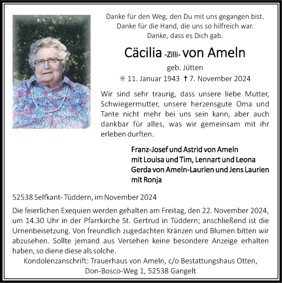 Traueranzeige von Cäcilia von Ameln von Zeitung am Sonntag