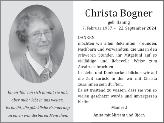 Traueranzeige von Christa Bogner von Zeitung am Sonntag