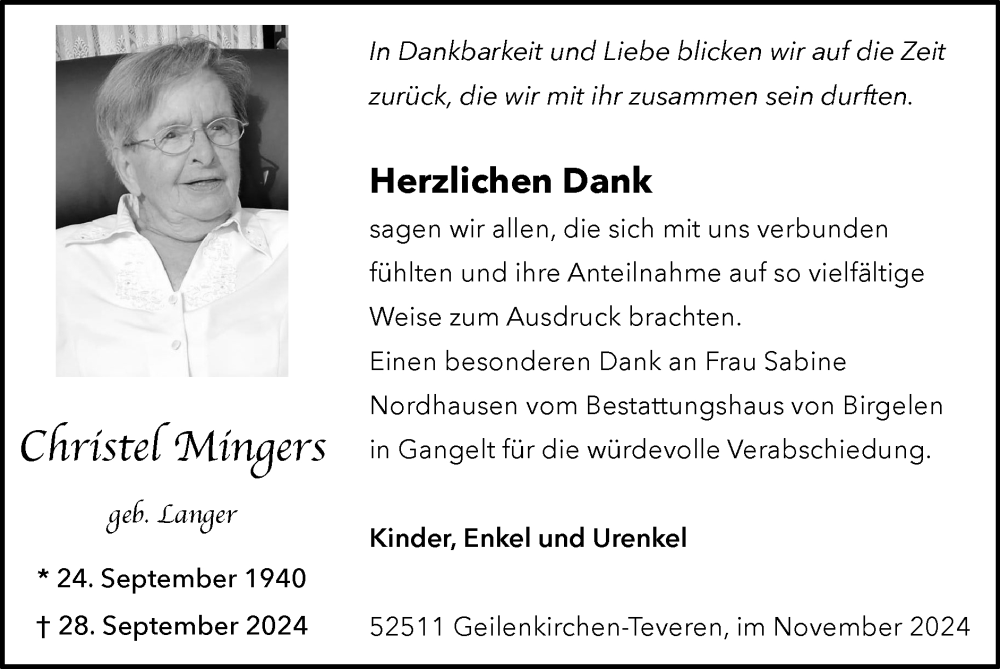  Traueranzeige für Christel Mingers vom 24.11.2024 aus Zeitung am Sonntag
