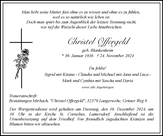 Traueranzeige von Christel Offergeld von Zeitung am Sonntag