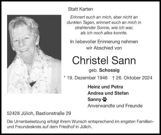 Traueranzeige von Christel Sann von Zeitung am Sonntag