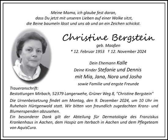 Traueranzeige von Christine Bergstein von Zeitung am Sonntag