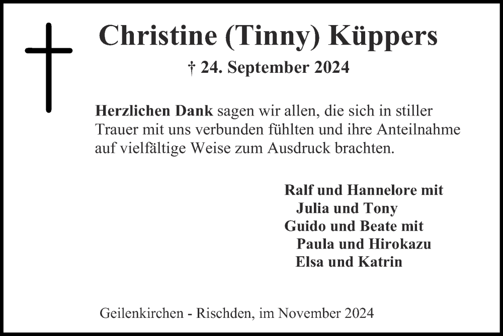  Traueranzeige für Christine Küppers vom 10.11.2024 aus Zeitung am Sonntag