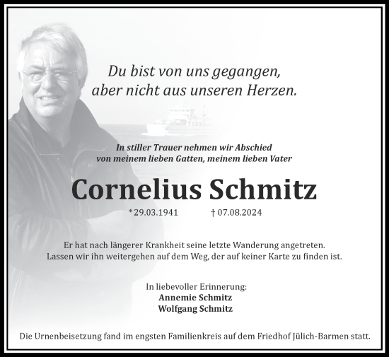 Traueranzeige von Cornelius Schmitz von Zeitung am Sonntag