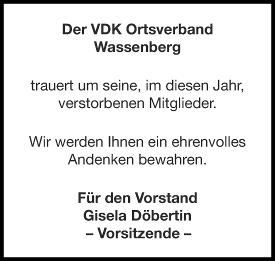 Traueranzeige von Der VDK Ortsverband Wassenberg trauert um seine, im diesen Jahr, verstorbenen Mitglieder.  von Zeitung am Sonntag