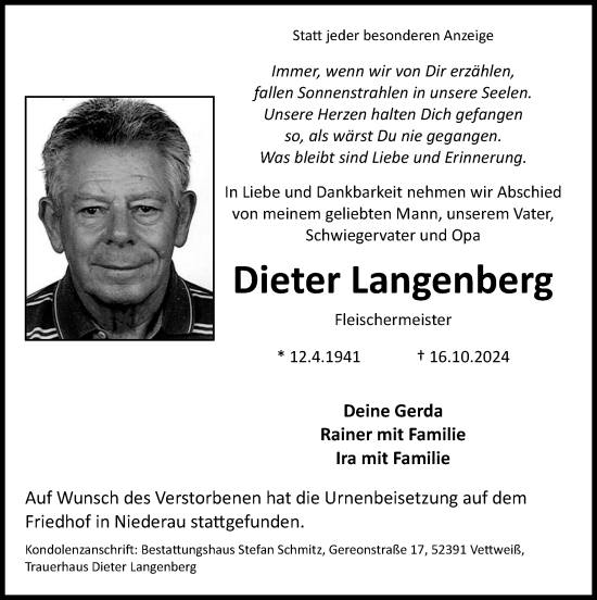 Traueranzeige von Dieter Langenberg von Zeitung am Sonntag