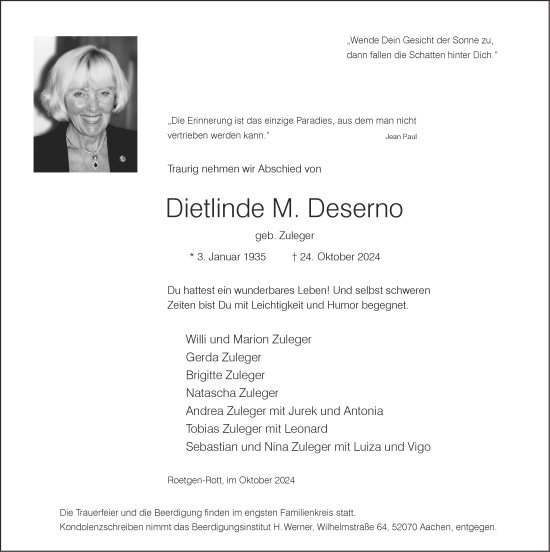 Traueranzeige von Dietlinde Deserno von Aachener Zeitung