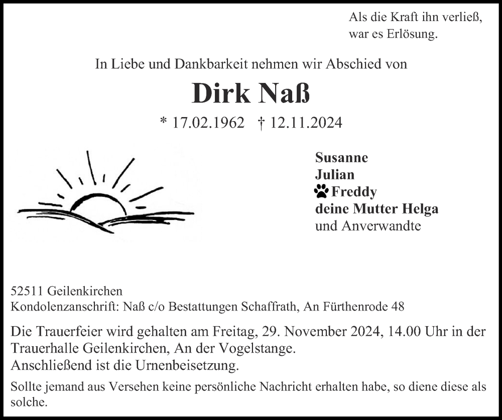  Traueranzeige für Dirk Naß vom 24.11.2024 aus Zeitung am Sonntag