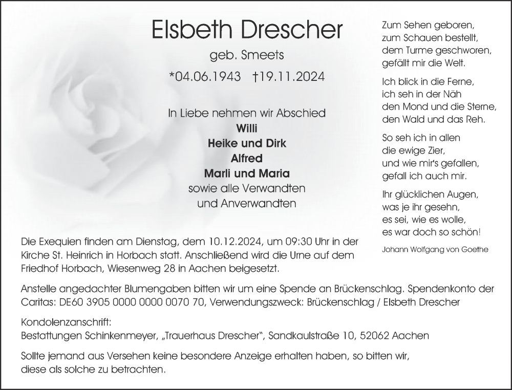  Traueranzeige für Elsbeth Drescher vom 30.11.2024 aus Aachener Zeitung