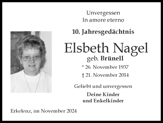 Traueranzeige von Elsbeth Nagel von Zeitung am Sonntag