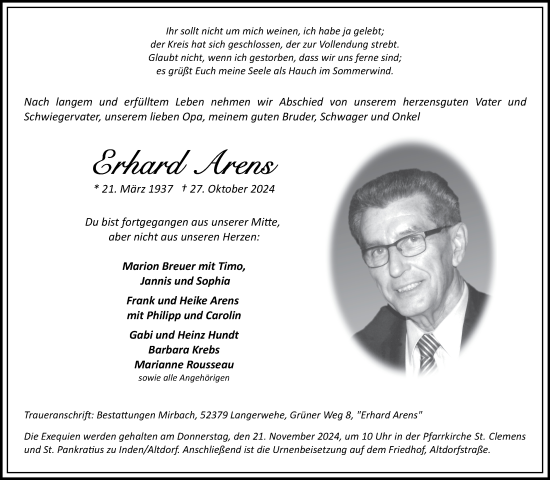 Traueranzeige von Erhard Arens von Zeitung am Sonntag