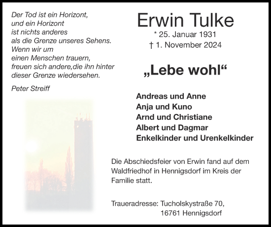 Traueranzeige von Erwin Tulke von Zeitung am Sonntag