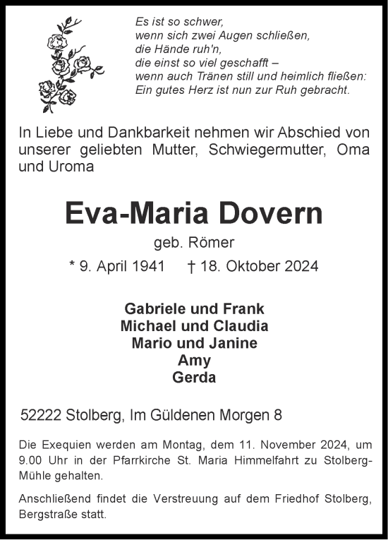 Traueranzeige von Eva-Maria Dovern von Zeitung am Sonntag