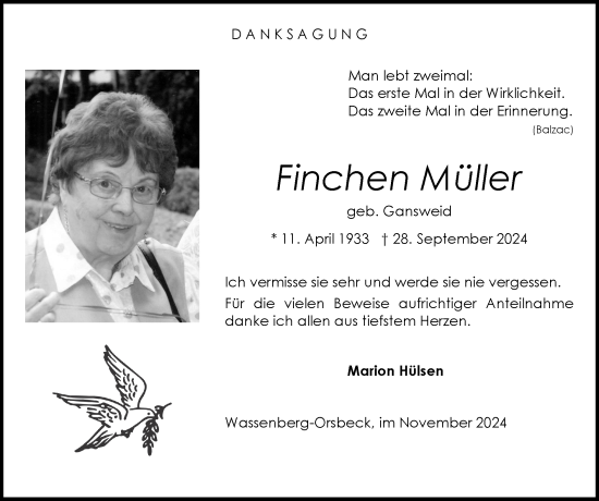 Traueranzeige von Finchen Müller von Zeitung am Sonntag