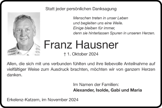 Traueranzeige von Franz Hausner von Zeitung am Sonntag