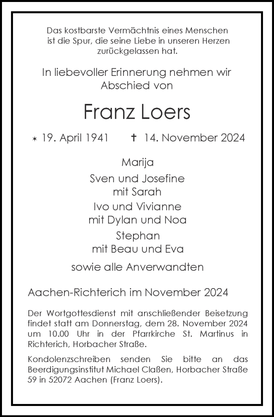 Traueranzeige von Franz Loers von Zeitung am Sonntag