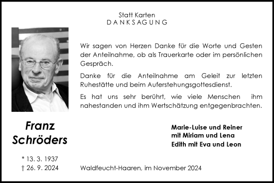Traueranzeige von Franz Schröders von Zeitung am Sonntag