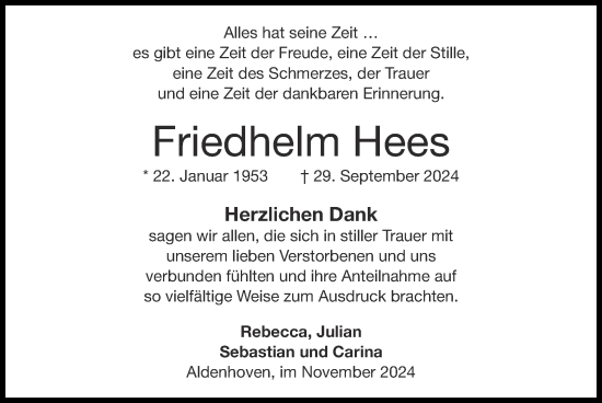 Traueranzeige von Friedhelm Hees von Zeitung am Sonntag