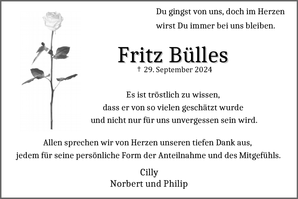  Traueranzeige für Fritz Bülles vom 17.11.2024 aus Zeitung am Sonntag
