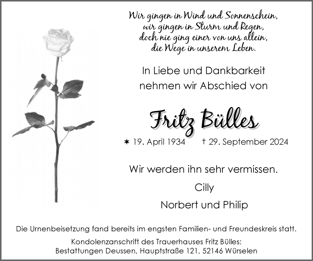  Traueranzeige für Fritz Bülles vom 03.11.2024 aus Zeitung am Sonntag