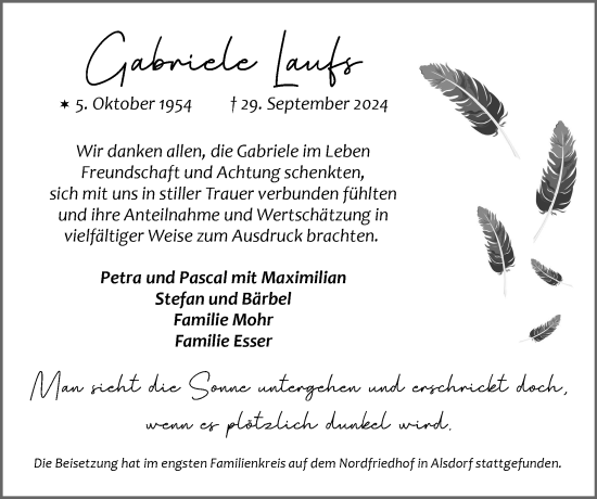 Traueranzeige von Gabriele Laufs von Zeitung am Sonntag
