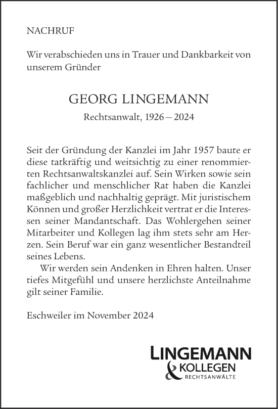 Traueranzeige von Georg Lingemann von Aachener Zeitung