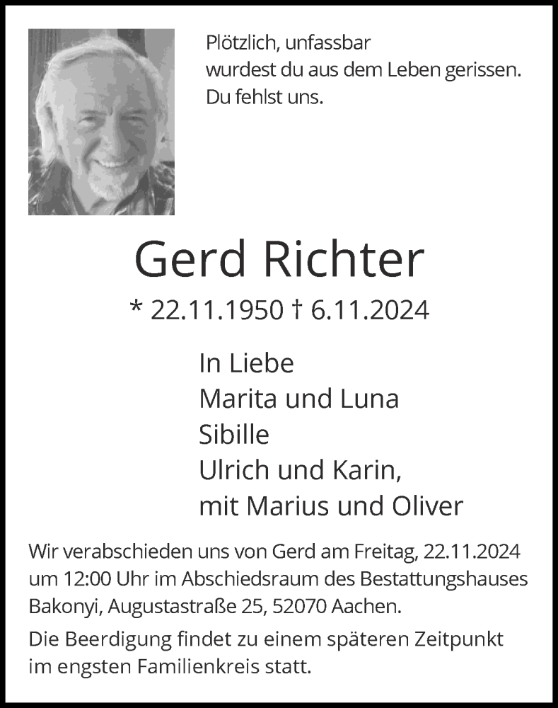  Traueranzeige für Gerd Richter vom 17.11.2024 aus Zeitung am Sonntag