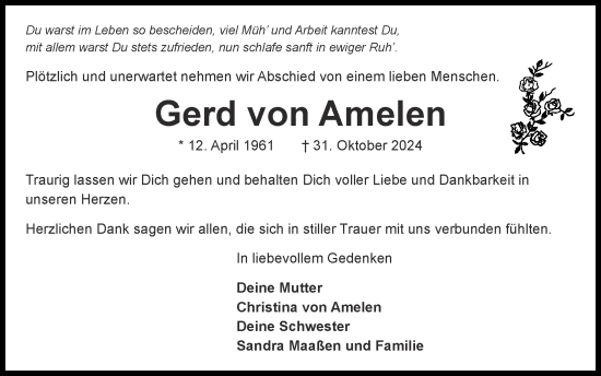 Traueranzeige von Gerd von Amelen von Zeitung am Sonntag