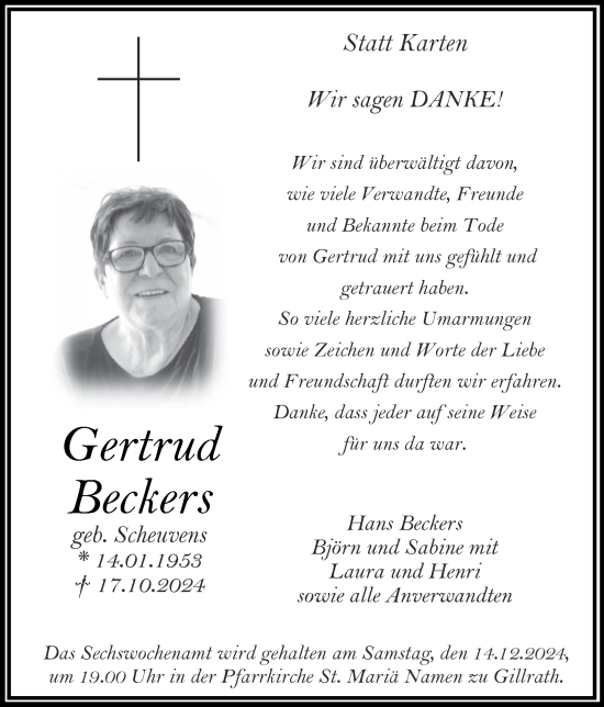 Traueranzeige von Gertrud Beckers von Zeitung am Sonntag