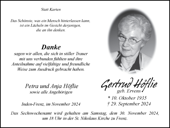 Traueranzeige von Gertrud Höflie von Zeitung am Sonntag