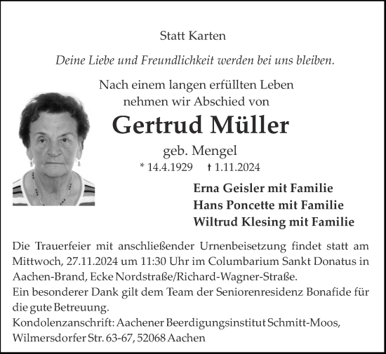 Traueranzeige von Gertrud Müller von Zeitung am Sonntag