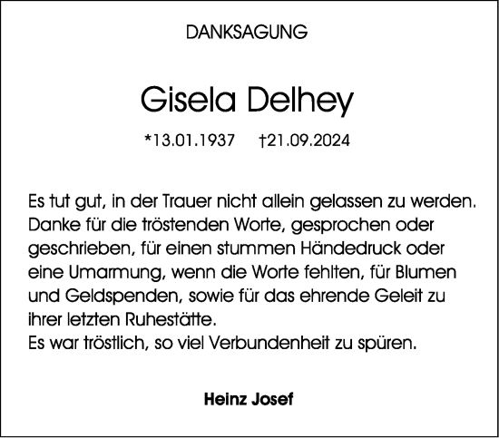 Traueranzeige von Gisela Delhey von Aachener Zeitung
