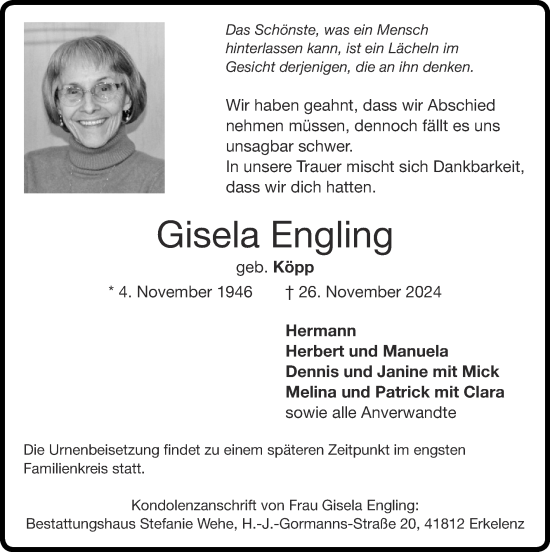 Traueranzeige von Gisela Engling von Zeitung am Sonntag