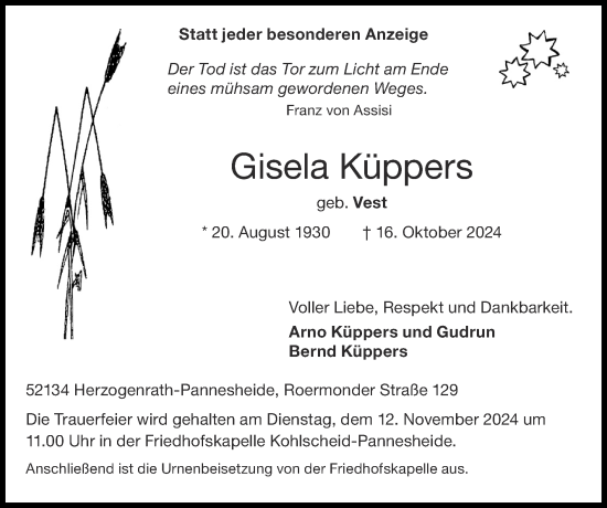 Traueranzeige von Gisela Küppers von Zeitung am Sonntag