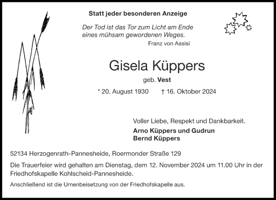 Traueranzeige von Gisela Küppers von Aachener Zeitung