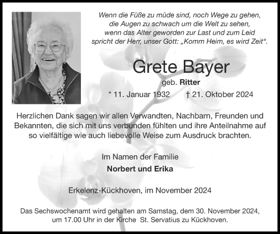 Traueranzeige von Grete Bayer von Zeitung am Sonntag