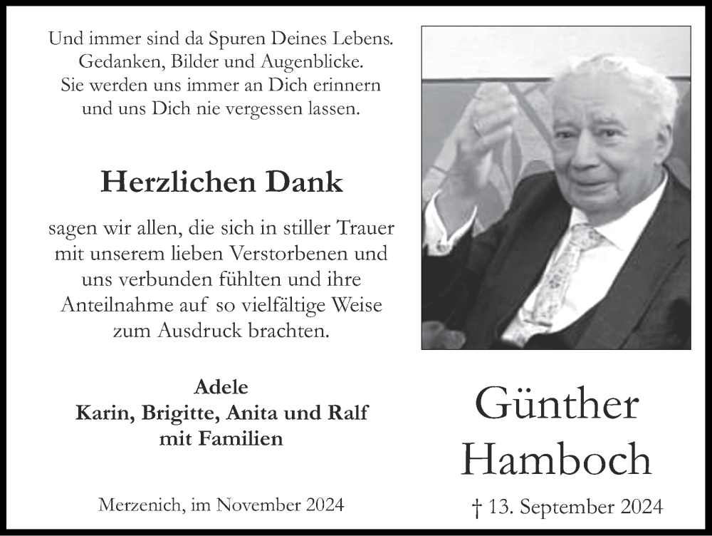  Traueranzeige für Günther Hamboch vom 10.11.2024 aus Zeitung am Sonntag