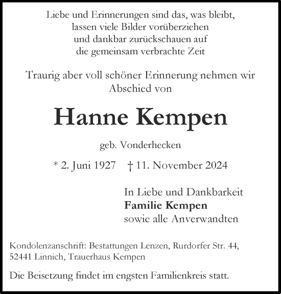 Traueranzeige von Hanne Kempen von Aachener Zeitung