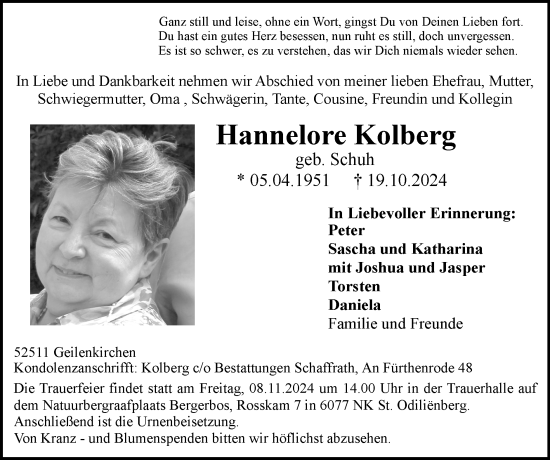 Traueranzeige von Hannelore Kolberg von Zeitung am Sonntag