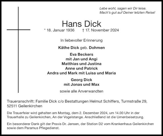 Traueranzeige von Hans Dick von Zeitung am Sonntag
