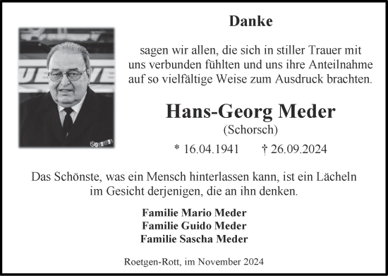 Traueranzeige von Hans-Georg Meder von Zeitung am Sonntag