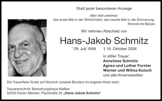 Traueranzeige von Hans-Jakob Schmitz von Zeitung am Sonntag