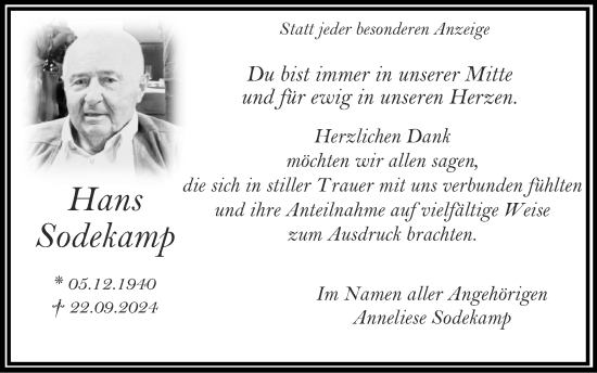 Traueranzeige von Hans Sodekamp von Zeitung am Sonntag