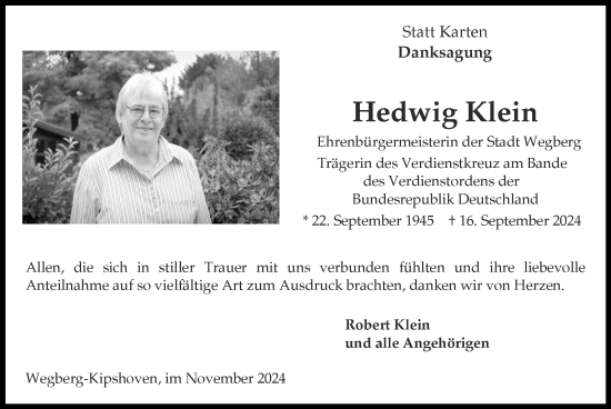 Traueranzeige von Hedwig Klein von Zeitung am Sonntag