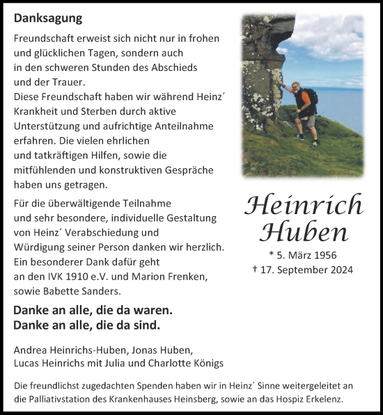 Traueranzeige von Heinrich Huben von Zeitung am Sonntag