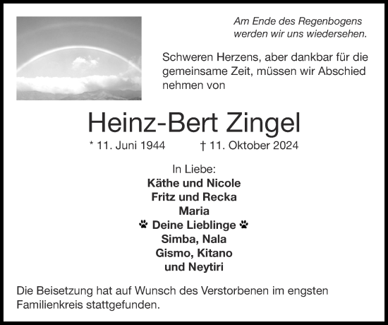 Traueranzeige von Heinz-Bert Zingel von Zeitung am Sonntag