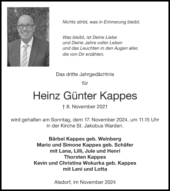 Traueranzeige von Heinz Günter Kappes von Zeitung am Sonntag