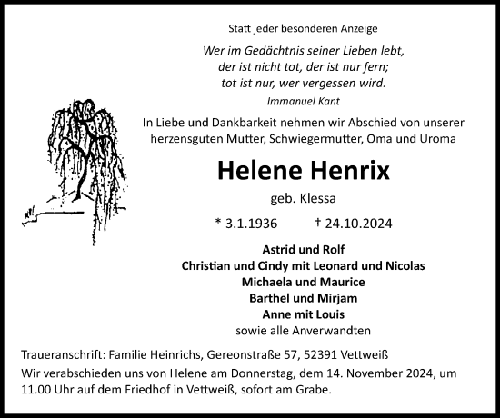 Traueranzeige von Helene Henrix von Zeitung am Sonntag