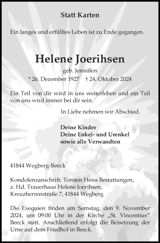 Traueranzeige von Helene Joerihsen von Zeitung am Sonntag