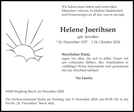 Traueranzeige von Helene Joerihsen von Zeitung am Sonntag